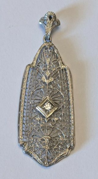 Antique Art Deco 10k White Gold Filigree Diamond Pendant