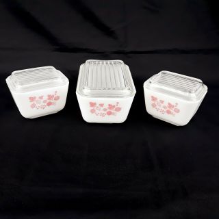 3 Vintage Pyrex Pink Gooseberry Refrigerator Dishes With Lids (2) 501 (1) 502