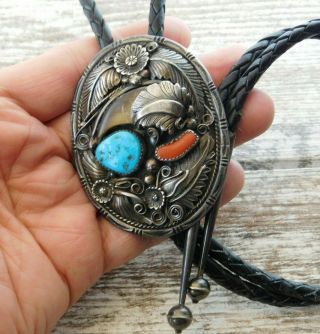 Vintage Old Pawn Navajo Sterling Silver Turquoise Claw Red Coral Bolo Tie