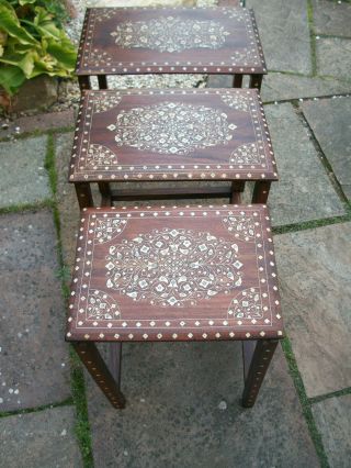 Vintage Anglo/indian Inlaid Nest Of 3 Wood Side Tables