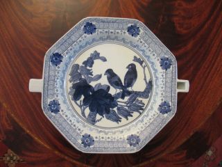 Antique Chinese Export Ware Blue & White Warming Plate Dish Birds On Branch