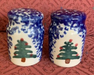 Vintage Ceramic Blue And White Christmas Tree Salt And Pepper Shakers