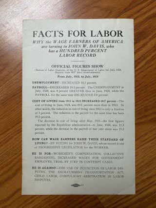 1924 John W.  Davis For President Progressive Labor Record Campaign Flier