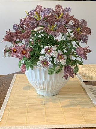 Vintage Porcelain Basket French Beaded Flowers Lavender Italy For Bonwit Teller