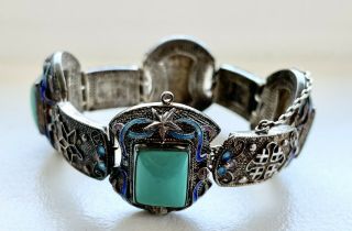 Vintage Chinese Fine Wire Gilt Silver Filigree Enamel Turquoise Link Bracelet Nr