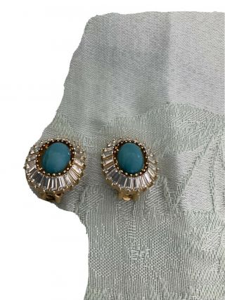 Vintage Christian Dior Turquoise Clip Earrings Rhinestones With Serial Number
