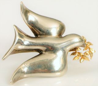 Vintage Designer Signed Bab Ballou Sterling Silver 14k Gold Accent Dove Brooch