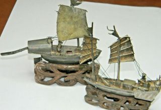 Two 2 Vtg C1900 Antique Chinese Export Solid Silver Junk Boat Ship Not Perfect