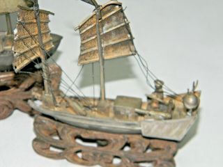 TWO 2 Vtg c1900 Antique Chinese Export Solid Silver Junk Boat Ship NOT PERFECT 2