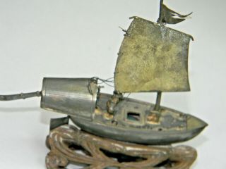TWO 2 Vtg c1900 Antique Chinese Export Solid Silver Junk Boat Ship NOT PERFECT 3