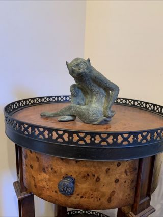 Fine Vintage Cast Bronze Verdigris Relaxing Monkey Sculpture By Maitland Smith