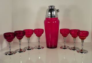 Vtg Ruby Red Glass And Chrome Cocktail Martini Shaker With 7 Goblet (s) Art Deco