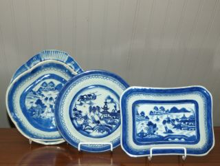 3 Antique/vintage Chinese Blue & White Porcelain Serving Dish Shrimp Bowl Plate