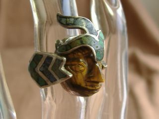 Vintage Sterling Silver Carved Tigers Eye Face Chiefs Head Turquoise Ring Size 6