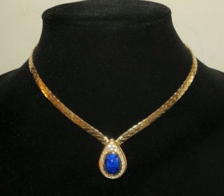 Vintage Christian Dior Signed Gold Tone Blue Stone & Crystals Choker Necklace