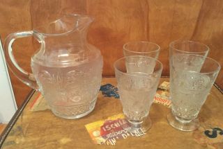 Vintage Duncan Miller Sandwich Clear Glass Pitcher & 4 Ice Tea Footed Glasses