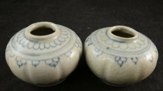 Pr.  Lt.  15th C.  Hoi An Hoard Pottery Fluted Vases.  1 5/8” & 1 11/16” T.  2 1/8” D