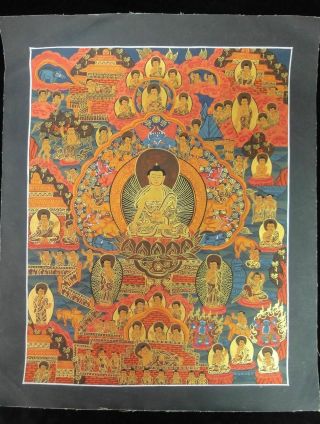 Rare Large Old Chinese Tibetan Gilt Hand Painting Buddhas " Thangka "