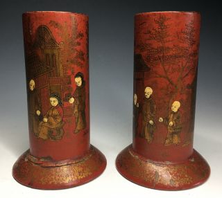 Rare Chinoiserie Chinese Red Lacquer Paper Mache Painted Brush Pot Vases
