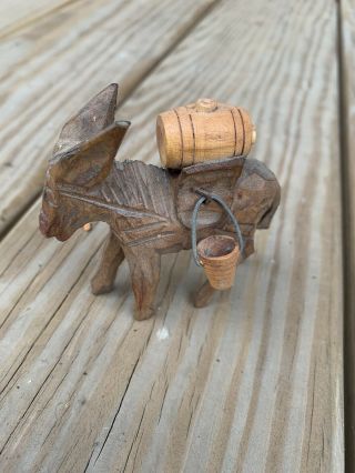Vintage Wood Carved Figurine Donkey With Pale And Barrel