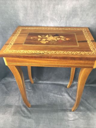 Vintage Italian Inlaid Marquetry Wood Music Box Jewelry Sewing Side Table