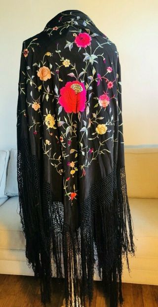 1920s Antique Chinese Piano Shawl Hand Embroidered Fringed Silk