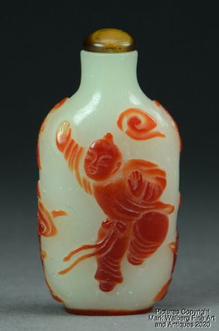Chinese Peking Glass Snuff Bottle,  Carved Red Overlay Boys,  Bats & Lingzhi