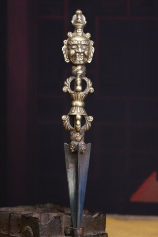 Old Tibet Bronze Inlay Tian Iron Meteorite Buddha Head Phurba Dagger Holder Faqi