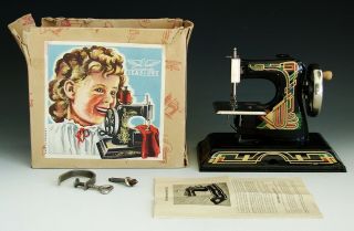 Vintage Antique German Casige Childs Toy Sewing Machine Art Deco Ornate W/ Box