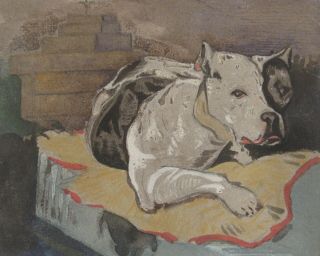 Vintage Mixed Media Painting American Bulldog Dog 6.  5”x8 "