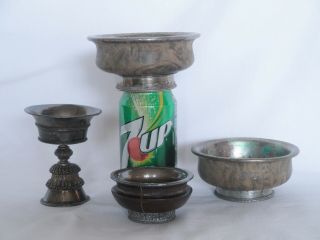 Antique Tibetan Silver & Burlwood Yak Butter Lamp & Tea Bowls,  Dated & Marked