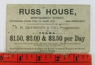 Vintage 1868 Russ House Hotel San Francisco California Business Card