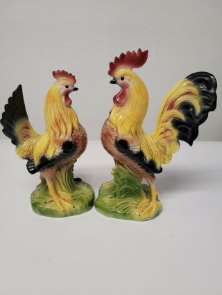 Vintage Pair Antique Ceramic Porcelain Rooster Hen Chicken Figurines