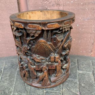 Antique Chinese Carved Figures Bamboo Brush Pot Scene