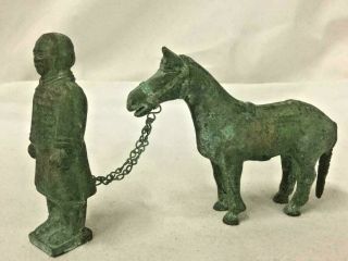Chinese Antique Metal Bronze Farmer Man Holding A Chained Horse Statue