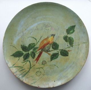 Antique Victorian Folk Art Song Bird Oil Painting On Wood Plate - Raspberries