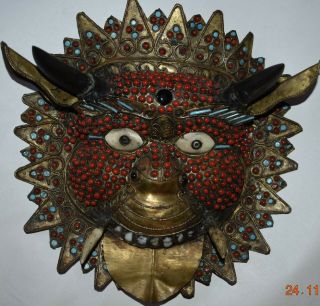 Orig $699 Nepal Shaman Brass,  Horn,  Coral Mask 8 " 1900s Prov