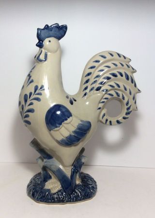Cracker Barrel Farmhouse Decor Large Ceramic Rooster Figurine Blue & White 14” H