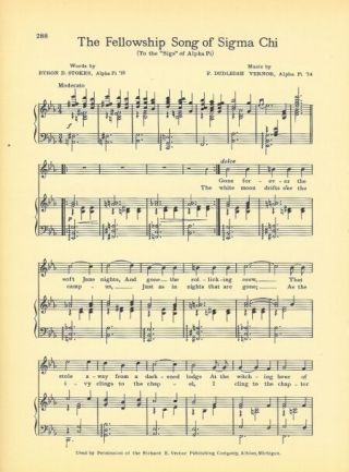 Sigma Chi Fraternity Vintage Song Sheet C1941 " Fellowship Song "