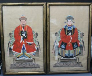 Pair 19c Chinese Qing Dynasty Hand Painted Ancestral Paintings Framed