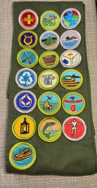 Vintage Boy Scout Merit Badge Sash W/ 19 Patches - Bsa Award Uniform Camp