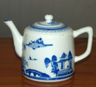 Antique Chinese Blue And White Porcelain Teapot Canton Nanking Qing 19th C.