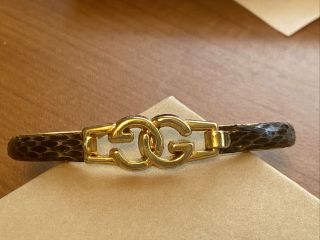 Rare Vintage Gucci Brown Snakeskin " Gg " Logo Bangle Bracelet 24kt Ygp Italy