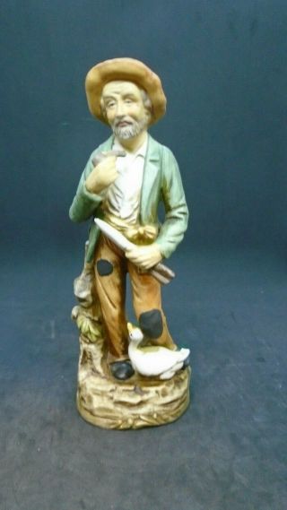 Vintage Figurine Old Man Standing With Pipe With Duck