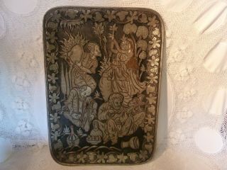 Antique Islamic Middle Eastern Engraved Tray Silver Copper Poets Signed Wall Art