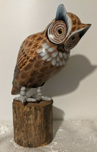 Vintage Hand Carved & Painted Wooden Owl Bird Figurine Sculpture Folk Art Gift