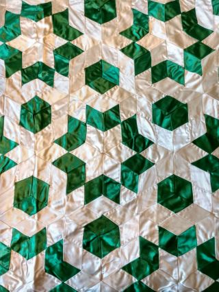 Vintage Hand Stitched Silk Satin Patchwork Quilt Emerald Green Cream -