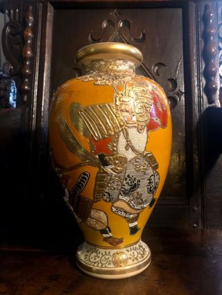 Rare Antique 19th C Japanese Satsuma Nippon Gold Vase Warriors Samurai God Sword