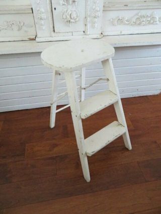 Awesome Old Vintage Wood Step Ladder Step Stool Time Worn White Folds Flat