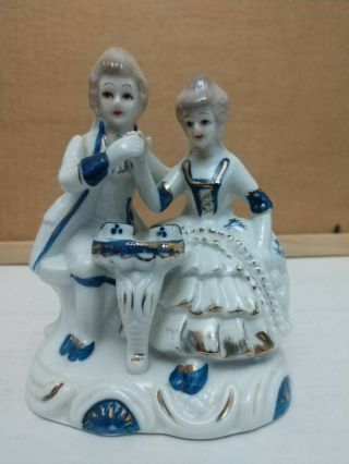 Blue & White Porcelain Colonial Figurine - Man & Woman Sitting Having Tea